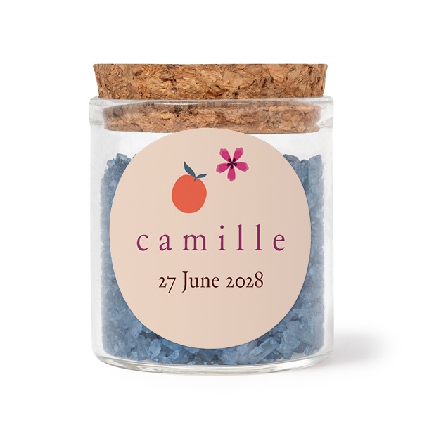 Glazen potjes met ronde stickers en blauw badzout (set van 12)