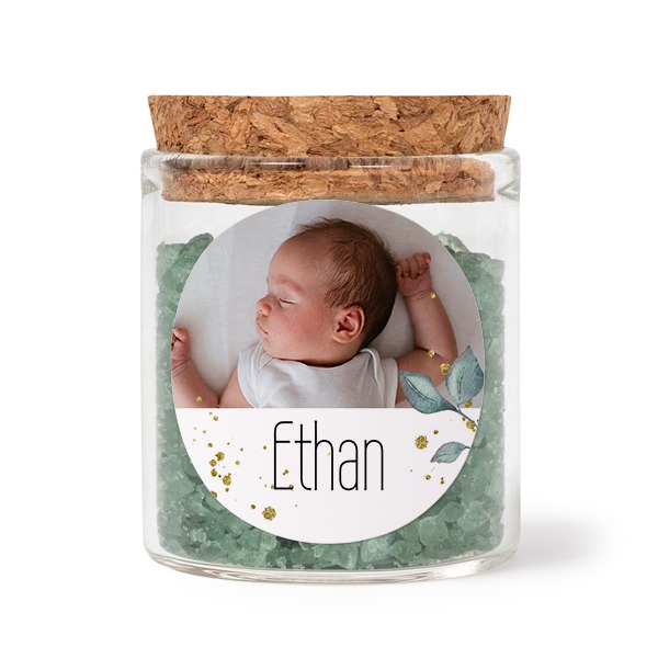 Glass jars with round stickers and green bath salt - set of 12
