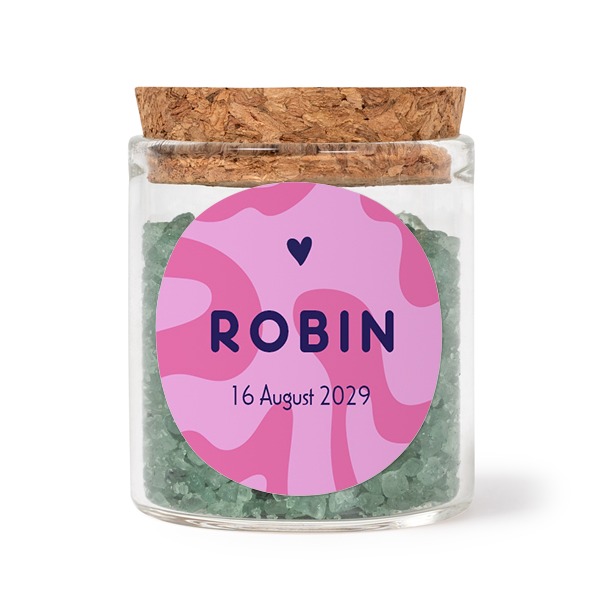 Glazen potjes met ronde stickers en groen badzout (set van 12)