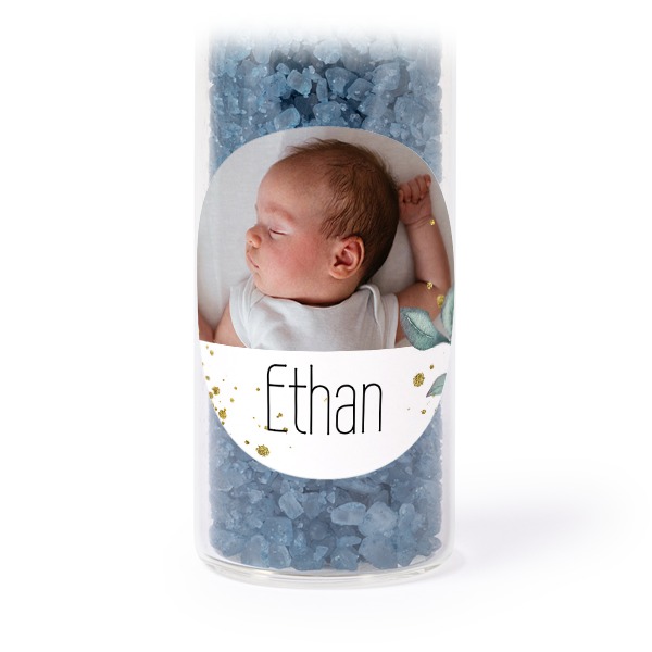 Glass tubes with round stickers & blue bath salt - set of 12