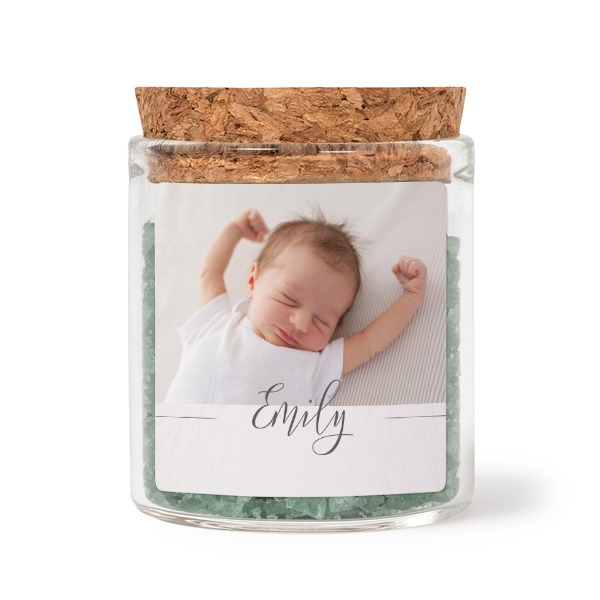 Glazen potjes met vierkante stickers en groen badzout (set van 12)