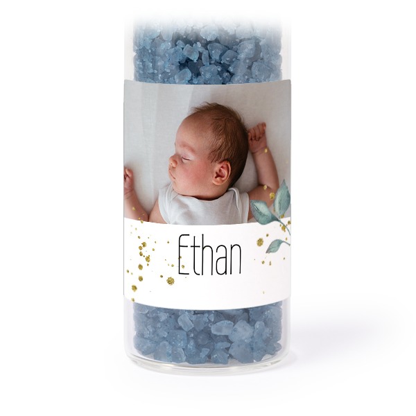 Glass tubes with square stickers & blue bath salt - set of 12