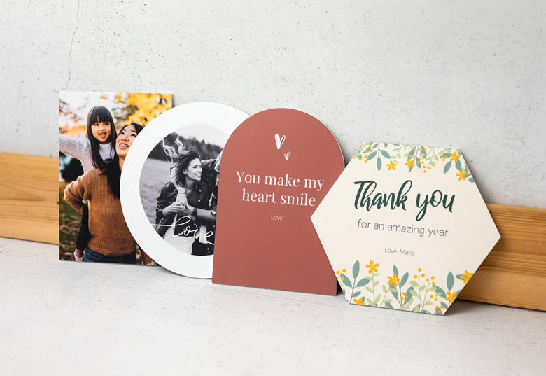 Personalised photo card with a colourful abstract background, featuring a couple