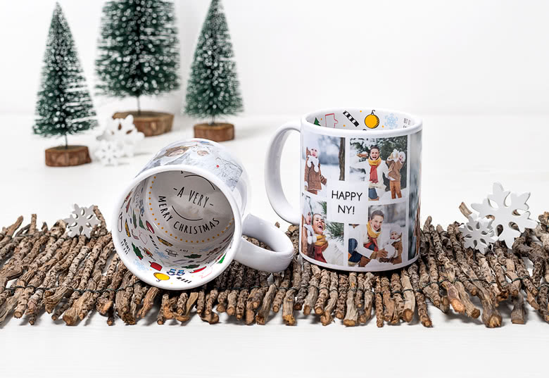 Two white mugs with personalised Christmas designs, featuring a collage of festive photos and "HAPPY NY!" text. Inside reads "A VERY MERRY CHRISTMAS."