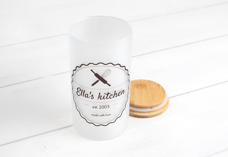 Personalised white storage jar with wooden lid, featuring "Ella