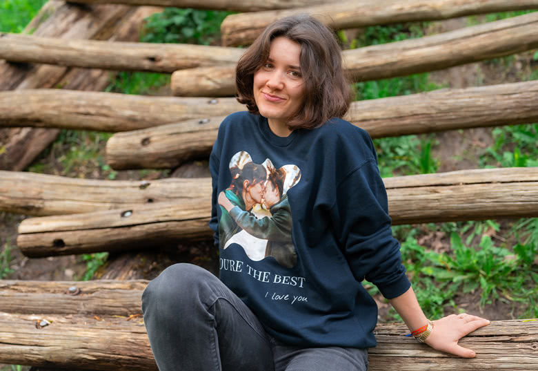 Navy personalised sweatshirt with a central heart-shaped photo print and text "YOU
